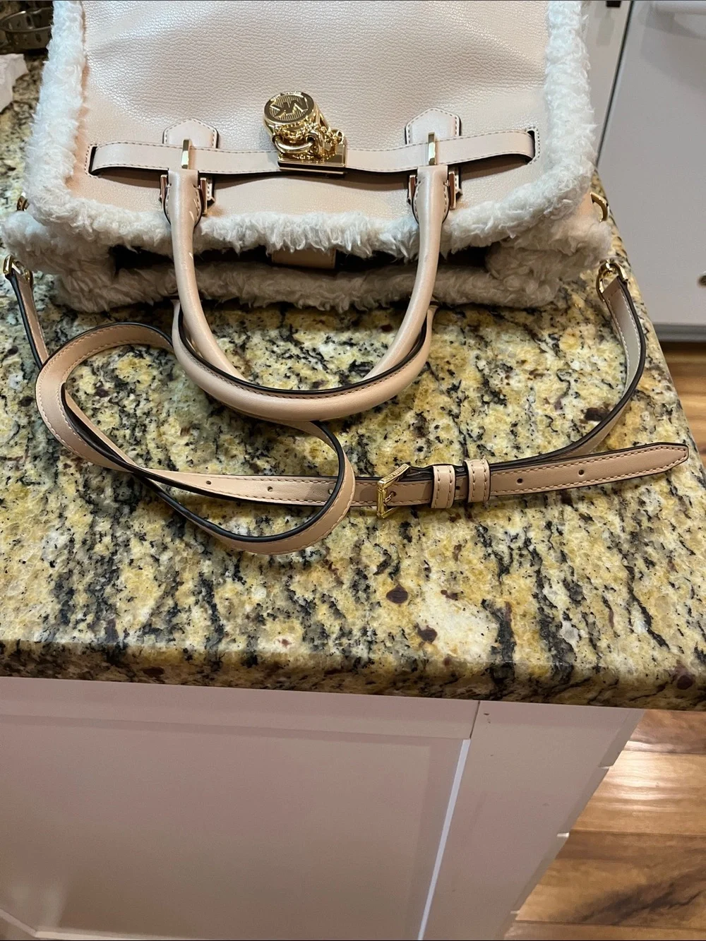Michael Kors Hamilton leather and faux shearling trim handbag